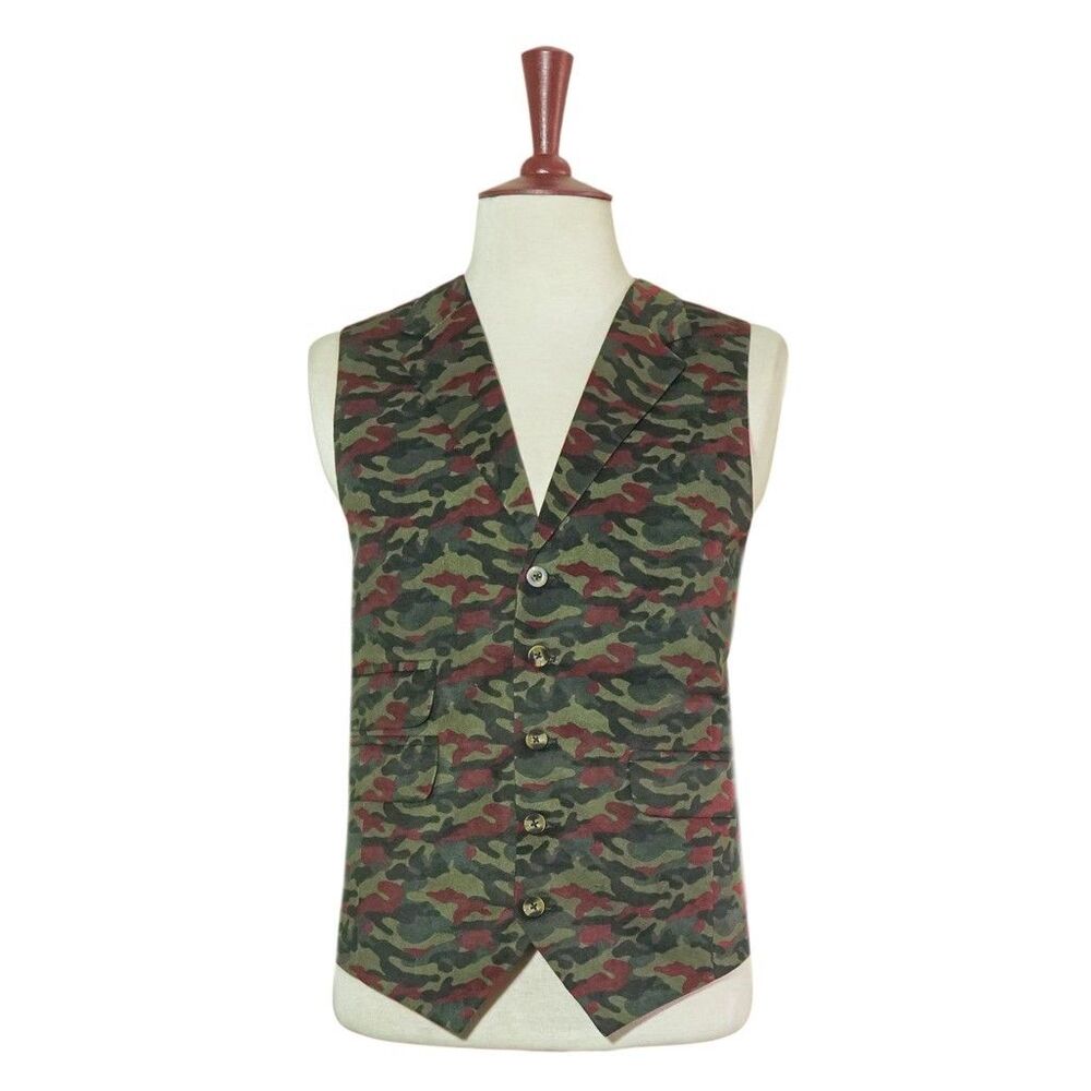 Mens 46R Velvet Vest Waistcoat Camo Camouflage Green Maroon Military Army Casual